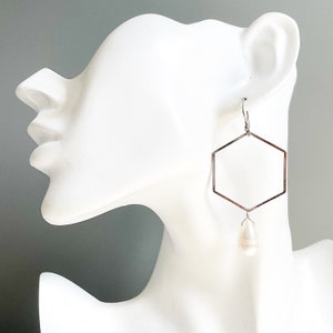 Fresh Water Pearl, Silver Plated Hexagons and Sterling Silver Ear Wires Earrings // White Teardrop Boho Geometric Hex Statement Earrings image 4