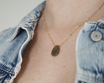 Dark Green Faceted Flat Teardrop Labradorite with 14k Gold Fill Chain // Deep Green Organic Neutral Minimalist Short Length Necklace