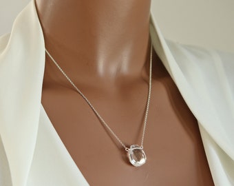 Duidelijke Quartz Faceted Teardrop ketting op 22K Vermeil Fijne Ketting of Sterling Zilveren Ketting, onregelmatige gefaceteerde tear drop ketting