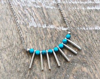 Turquoise and Sterling Silver Spike Midi Necklace // Blue and Silver Lightweight Statement Sterling Plated Nickel-Free Chain Necklace