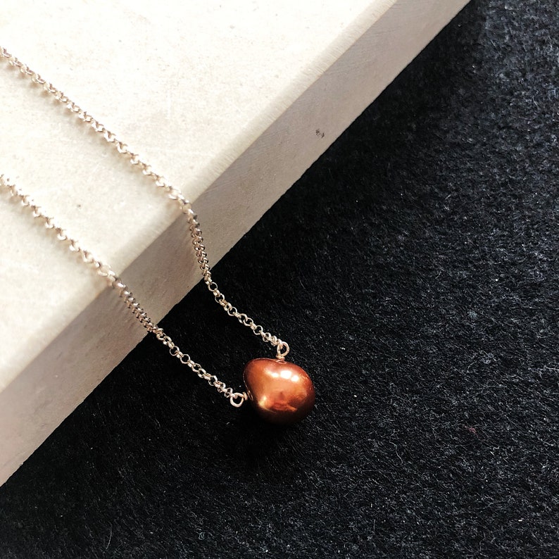 Simple Bronze Tone Fresh Water Pearl Necklace on Fine Vermeil Chain 22K Gold & Lobster Claw Clasp, Dyed Pearl Teardrop Minimalist Necklace image 8