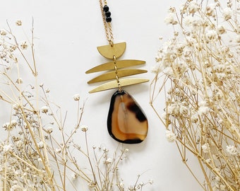 Agate Slab with Brass Accents and Gold Plated Nickel Free Chain // Organic Statement Black, Gray, Orange, Taupe & Clear Long Length Necklace