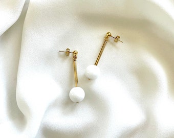 White Jade, Brass Tube Accents, Vermeil Ear Studs // Minimalist Versatile Simple Post Earrings, Sterling Silver Core with Gold Plating