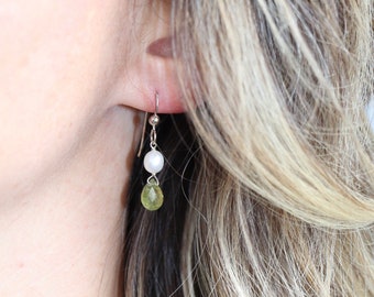 Green Garnet Faceted Teardrop, Fresh Water Pearl & Sterling Silver Earrings // Green and White, Lightweight Dainty Delicate Sparkly Earrings