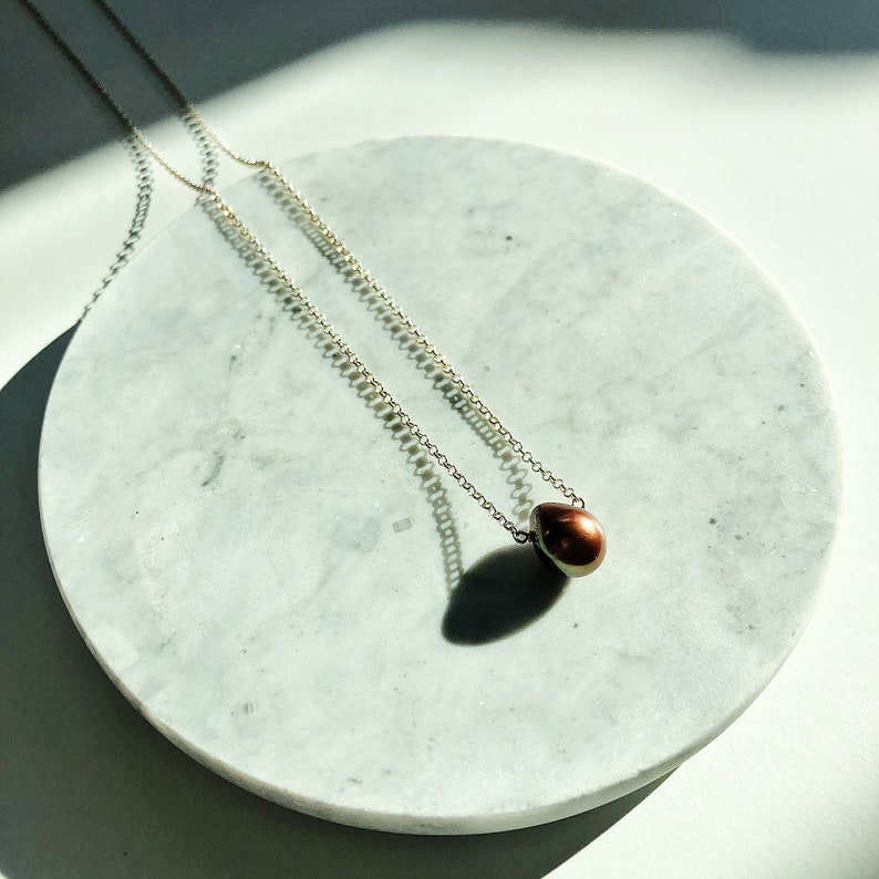 Simple Bronze Tone Fresh Water Pearl Necklace on Fine Vermeil Chain 22K Gold & Lobster Claw Clasp, Dyed Pearl Teardrop Minimalist Necklace image 7