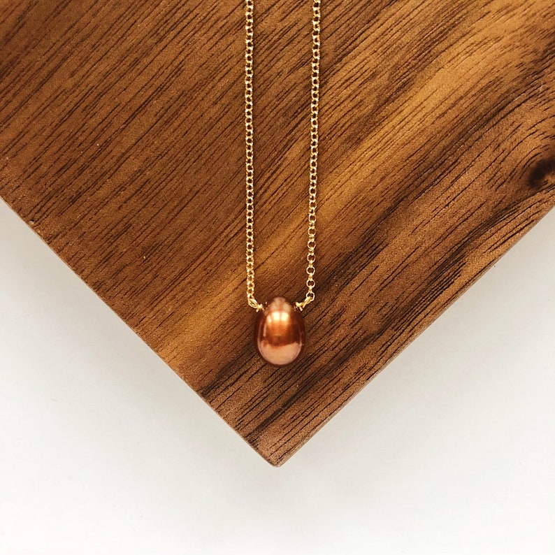 Simple Bronze Tone Fresh Water Pearl Necklace on Fine Vermeil Chain 22K Gold & Lobster Claw Clasp, Dyed Pearl Teardrop Minimalist Necklace image 2