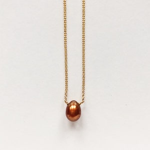 Simple Bronze Tone Fresh Water Pearl Necklace on Fine Vermeil Chain 22K Gold & Lobster Claw Clasp, Dyed Pearl Teardrop Minimalist Necklace image 10