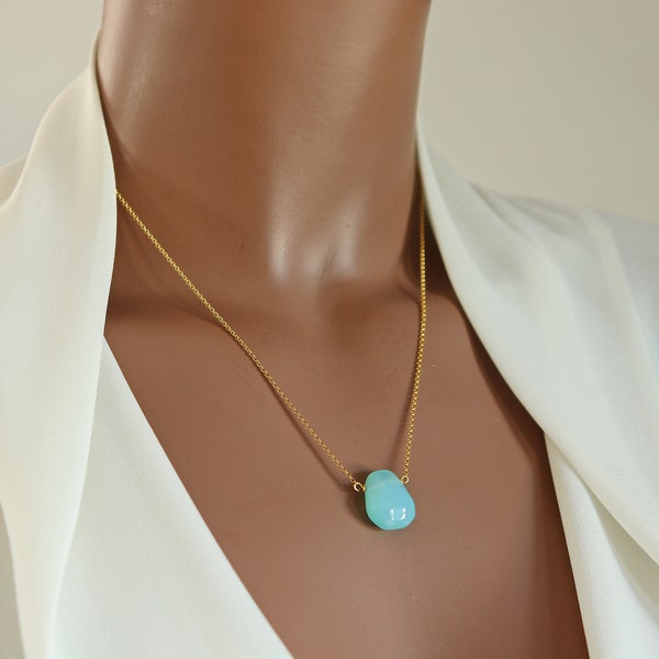 Bright Blue Chalcedony Hand-Cut Teardrop Necklace on 22K Vermeil or Sterling Silver Fine Chain, Irregular Shaped Smooth Tear Drop Necklace
