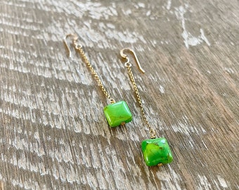 Green Turquoise Squares, Vermeil Chain and 14k Gold Fill Earrings // Minimalist Simplistic Geometric Lightweight Everyday Chic Earrings