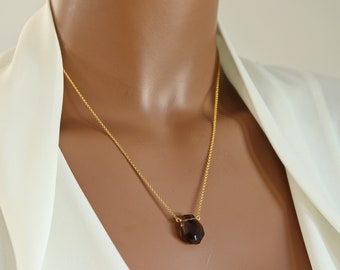 Faceted Brown Smokey Quartz Hand-Cut Teardrop Necklace on Sterling Silver Fine Chain or 22K Vermeil, Irregular Shaped Tear Drop Necklace