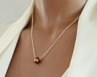 Simple Bronze Tone Fresh Water Pearl Necklace on Fine Vermeil Chain (22K Gold) & Lobster Claw Clasp, Dyed Pearl Teardrop Minimalist Necklace