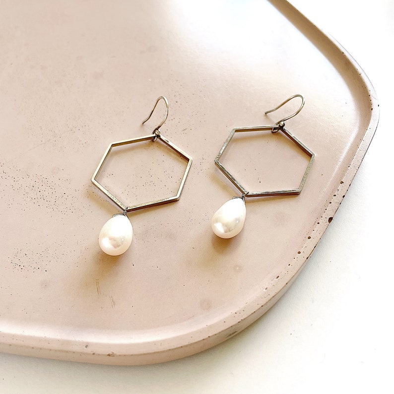Fresh Water Pearl, Silver Plated Hexagons and Sterling Silver Ear Wires Earrings // White Teardrop Boho Geometric Hex Statement Earrings image 5