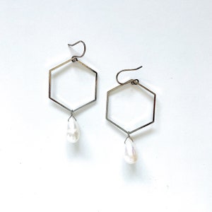 Fresh Water Pearl, Silver Plated Hexagons and Sterling Silver Ear Wires Earrings // White Teardrop Boho Geometric Hex Statement Earrings image 3