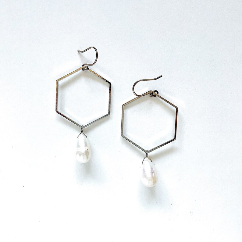 Fresh Water Pearl, Silver Plated Hexagons and Sterling Silver Ear Wires Earrings // White Teardrop Boho Geometric Hex Statement Earrings image 3