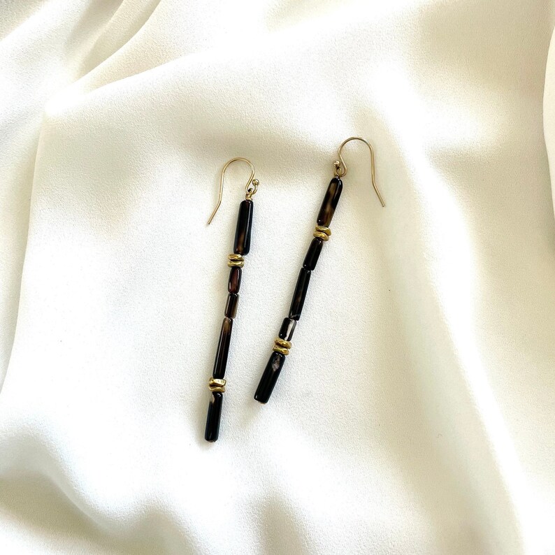 Agate Tubes, Brass Beads and 14K Gold Fill Ear Wires // Black Brown Clear, Minimalist Lightweight Geometric, One of a Kind OOAK Earrings image 1