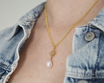 White Fresh Water Pearl Teardrop with Brass Sunburst and Gold Plated Nickel Free Chain // Organic Neutral Minimalist Short Length Necklace