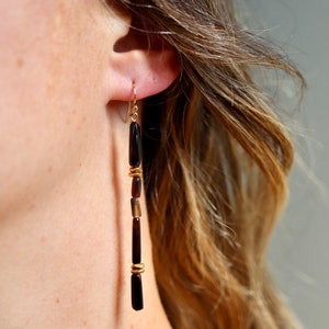 Agate Tubes, Brass Beads and 14K Gold Fill Ear Wires // Black Brown Clear, Minimalist Lightweight Geometric, One of a Kind OOAK Earrings image 7