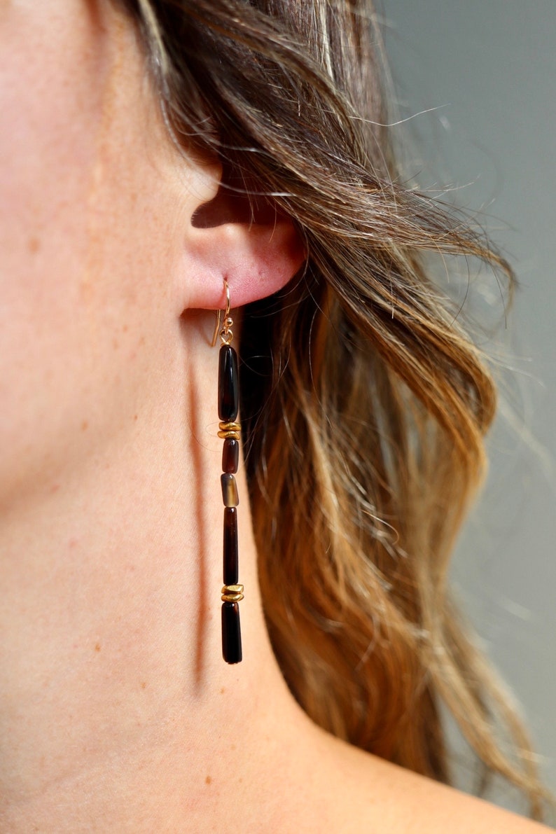 Agate Tubes, Brass Beads and 14K Gold Fill Ear Wires // Black Brown Clear, Minimalist Lightweight Geometric, One of a Kind OOAK Earrings image 7