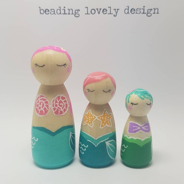 Set of mermaid pegdolls, set of three hand-painted wooden pegdolls.