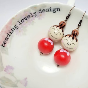 Hand-painted Little My inspired earrings, dangle drop earrings, quirky, fun, wooden jewellery.