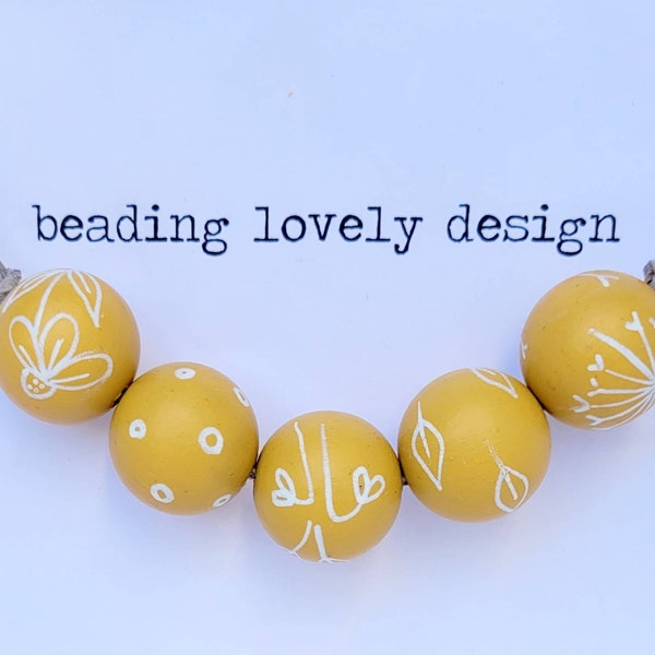 Hand-painted wooden bead necklace for women in mustard, costume jewellery, fun, colourful, unique.