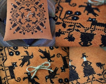 Witchy Night / Primitive cross stitch pattern / Halloween / PDF