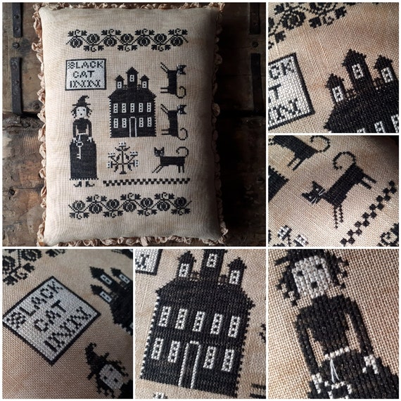 Black Cat Inn Primitive Cross Stitch Pattern Halloween Etsy