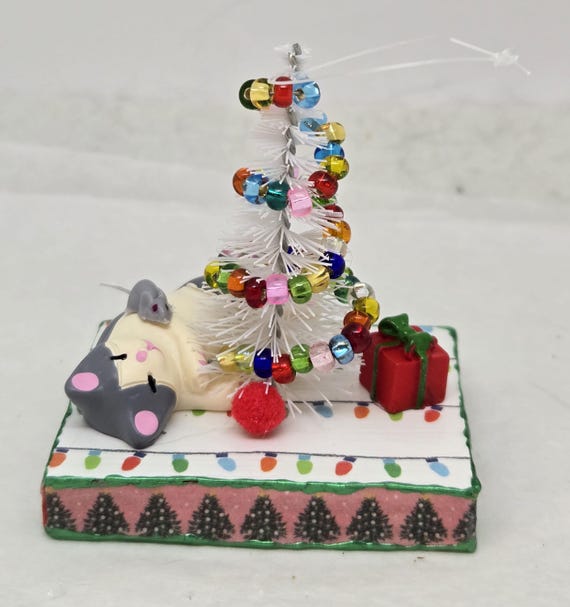 Grey and White Cat and Mouse Christmas Ornament