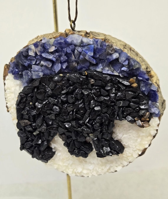 Gemstone Chip Black Bear Ornament: Tourmaline, Moonstone, Sodalite
