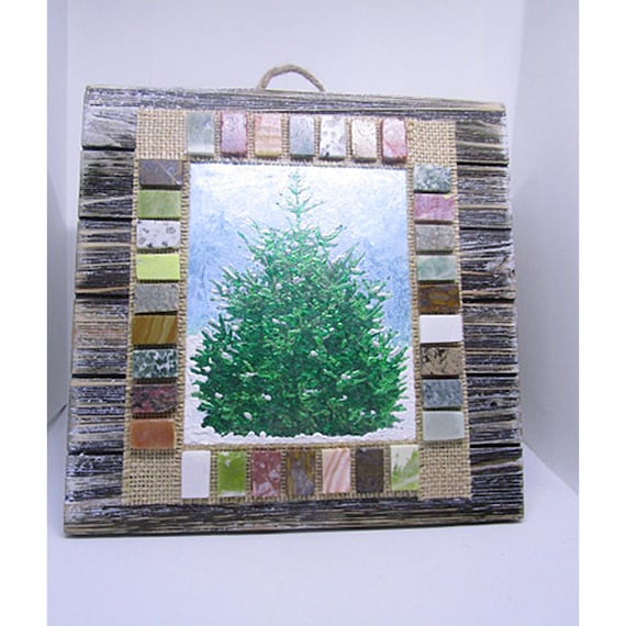 Mixed Media Winter Evergreen Plaque; Winter Themed Wall Hanging; One of a Kind,Handcrafted Art Piece;  Holiday Gift