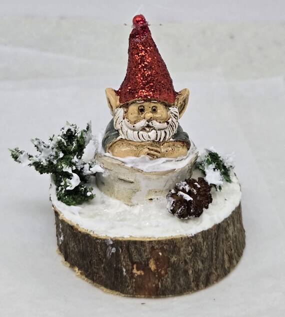Handcrafted Gnome Ornament: Birch Tree, Santa Hat, Winter Decor