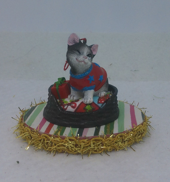 Handcrafted Resin Kitten Christmas Ornament Titled A Wink For Santa