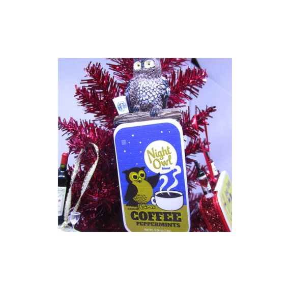 Owl and Coffee Ornament - Night Owl - Repurposed Tin Ornament