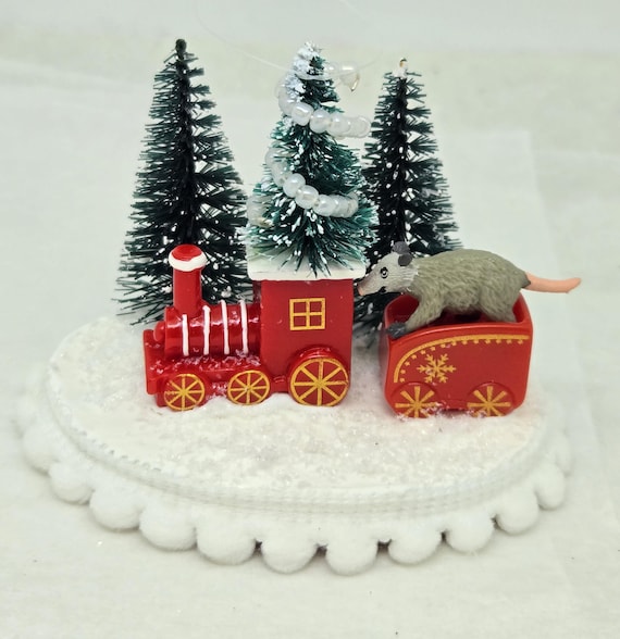Miniature Opossum & Toy Train Christmas Ornament: Handcrafted Holiday Decor