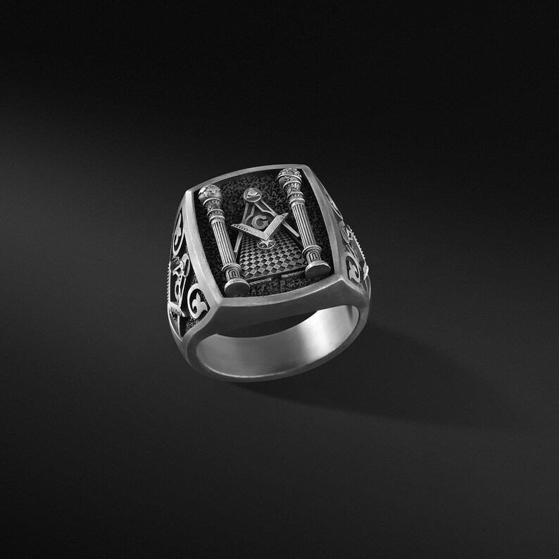 Mens Masonic Ring, Unique Signet Rings For Men, Oxidized Silver Masonic Ring Custom Mens Jewelry Husband Gift For Him Antique Freemason Ring 