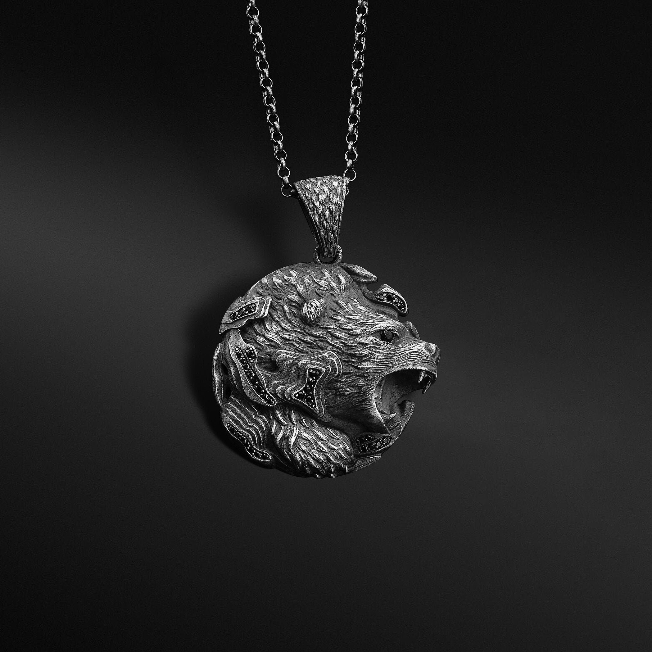 Silver Bear Head Pendant Grizzly Bear Necklace for Man - Etsy