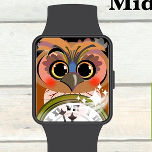 May include: Apple Watch wallpaper featuring a cartoon owl with large eyes, holding a clock face with Roman numerals. The text "Nutcracker Midnight Owl" and "Instant Download" are also visible.