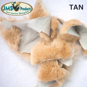 May include: Tan sheepskin leather scraps with the text "JMS Products Just Merino Sheepskin" and "TAN" in the image.