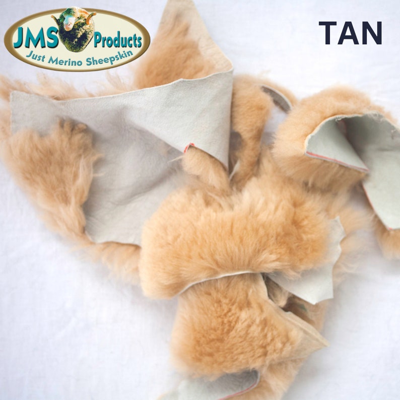 May include: Tan sheepskin leather scraps with the text "JMS Products Just Merino Sheepskin" and "TAN" in the image.