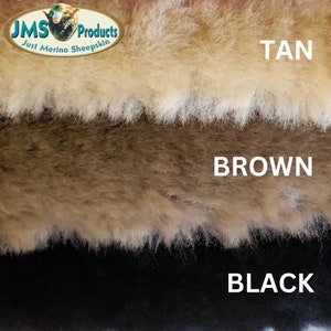 May include: Close-up of three sheepskin samples in tan, brown, and black colors. The samples are arranged in a vertical stack with the tan sample at the top and the black sample at the bottom. The text "JMS Products Just Merino Sheepskin" is visible in the top left corner of the image. The text "TAN", "BROWN", and "BLACK" is visible below each sample.