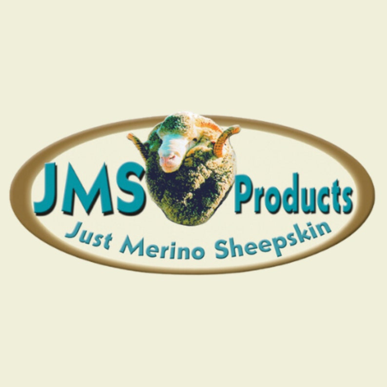 May include: A brown oval logo with the text "JMS Products Just Merino Sheepskin" and a white sheep with brown wool and a blue nose.