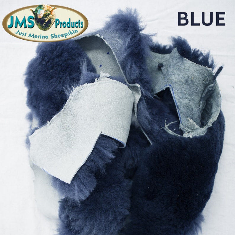 May include: Blue sheepskin leather offcuts. The leather is soft and fluffy. The offcuts are ideal for crafting projects.