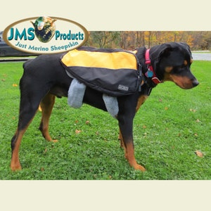 Peut inclure: Un chien noir portant un sac à dos pour chien jaune et noir avec une doublure en peau de mouton grise. Le sac à dos porte le texte "OUTWARD BOUND". Le chien est debout sur de l'herbe verte.