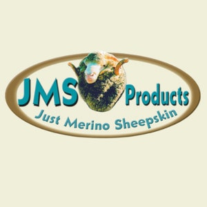 May include: A brown oval logo with the text "JMS Products Just Merino Sheepskin" in white and a blue sheep head in the centre.