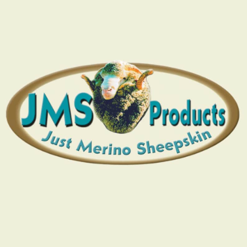 May include: A brown oval logo with the text "JMS Products Just Merino Sheepskin" in white and a blue sheep head in the centre.