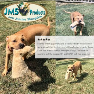 May include: A brown and white pitbull puppy playing with a light brown plush toy. The toy is made of sheepskin and has a long, floppy body. The puppy is in a grassy area and has a happy expression on its face. The text "JMS Products Just Merino Sheepskin" is visible in the top left corner of the image. The text "I have a pitbull puppy and she is obsessed with these! She will not share with her brothers and will barely give to me to throw. I love that it lasts! She is a destroyer of toys. The black fur seems to last the longest. Oh and, SUPER fast, free shipping!" is visible in the bottom right corner of the image.