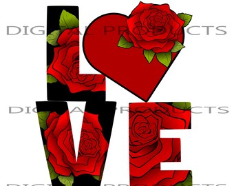 Love Floral Red Roses Design, Sublimation PNG (Digital Download)