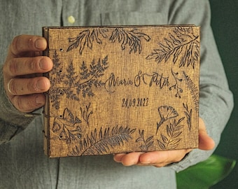 wooden photo album with flowers, personalized photo album, 5x7 wedding photo album, unique wedding gift, custom boho wedding guestbook