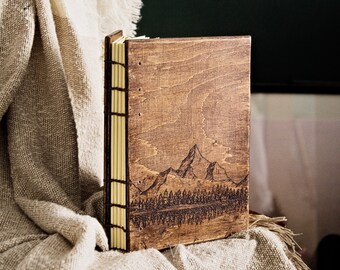Personalized notebook with mountains, 5x8 wooden journal, custom notes with mountains, personalized unique notebook,  notes with your logo
