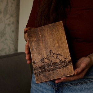 Personalized notebook with mountains, 5x8 wooden journal, custom notes with mountains